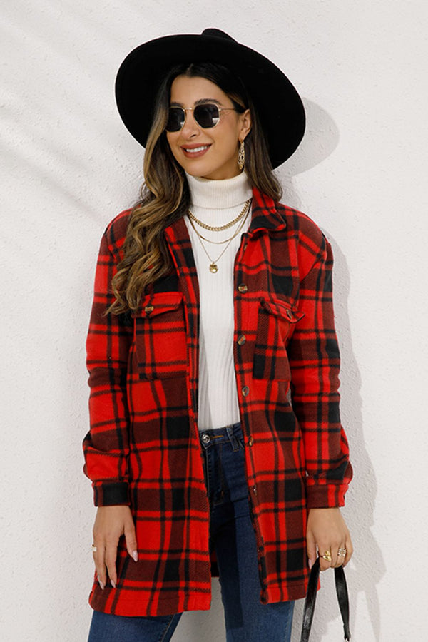 Shiny Plaid Collared Longline Coat